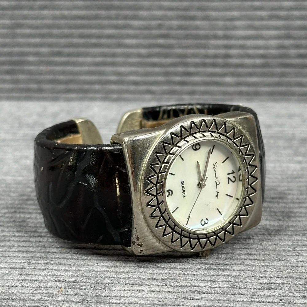 Sarah Coventry Black Embossed Cuff Watch Silver Tone Square 25548 Japan Movt vtg